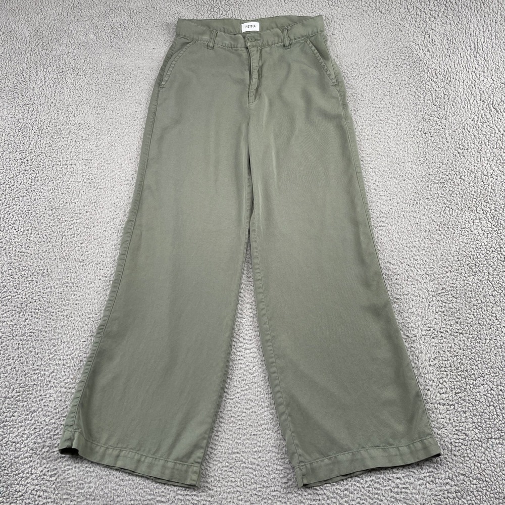 Pistola Pants Women 27 Green Wide Leg Cotton Twill High Rise Casual Minimalist